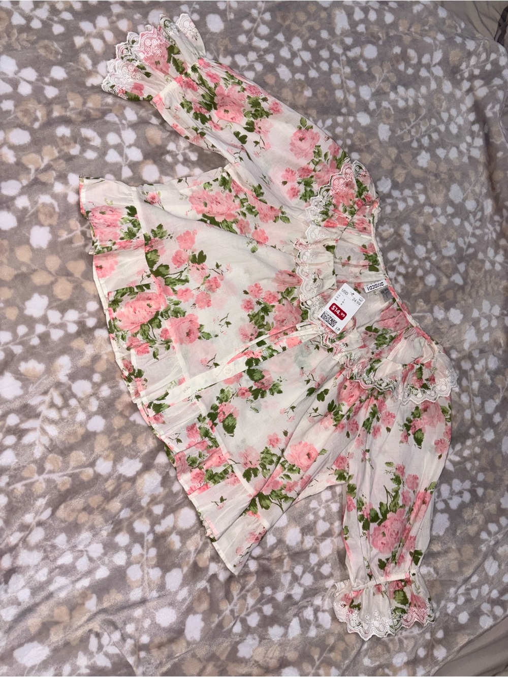 H&M Pink Floral Lace-Trim Crop Top on White